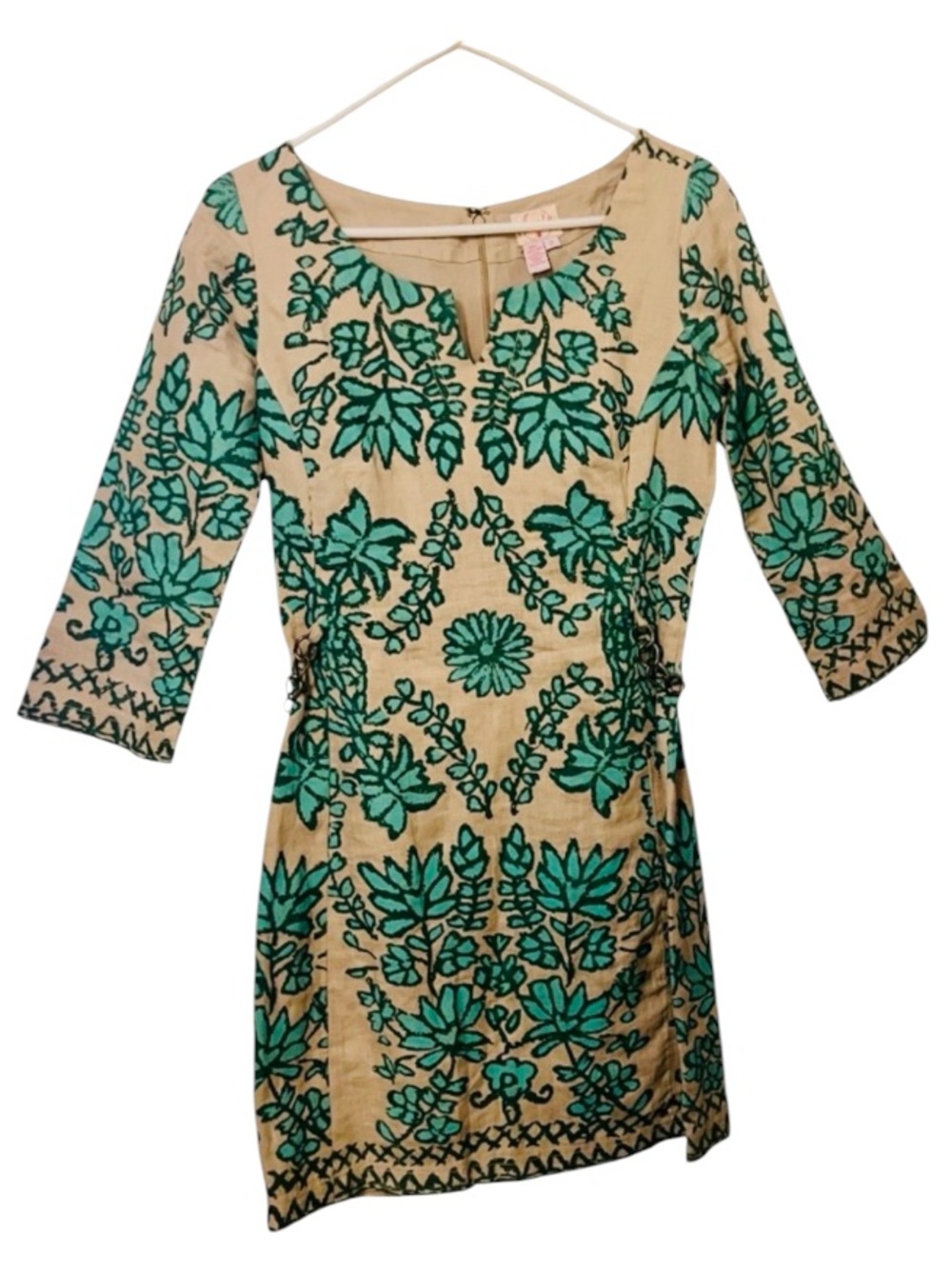 Anthropologie Plenty Tracy Reese Linen Beige Dress with Teal Floral Pattern Sz 2